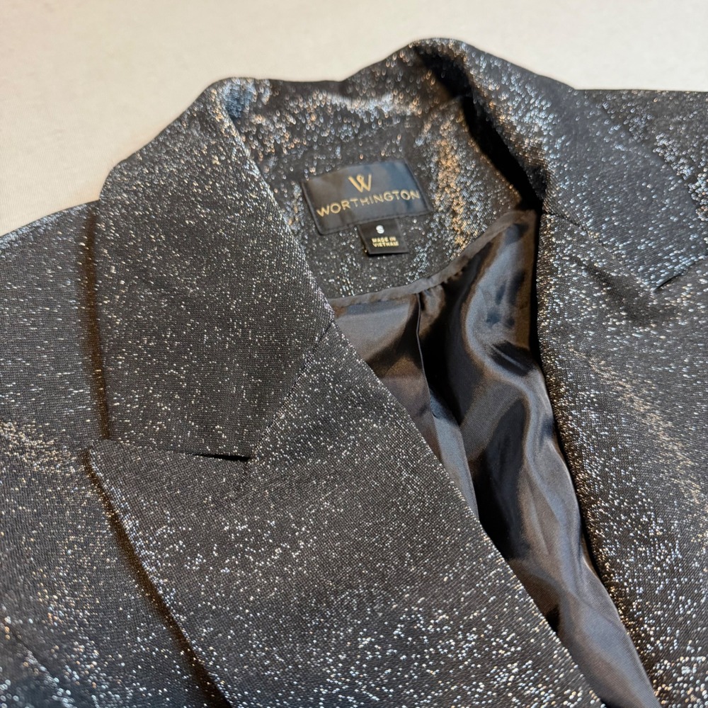 Worthington Womens Metallic Silver Black Shimmer Blazer Double Breasted Jacket S